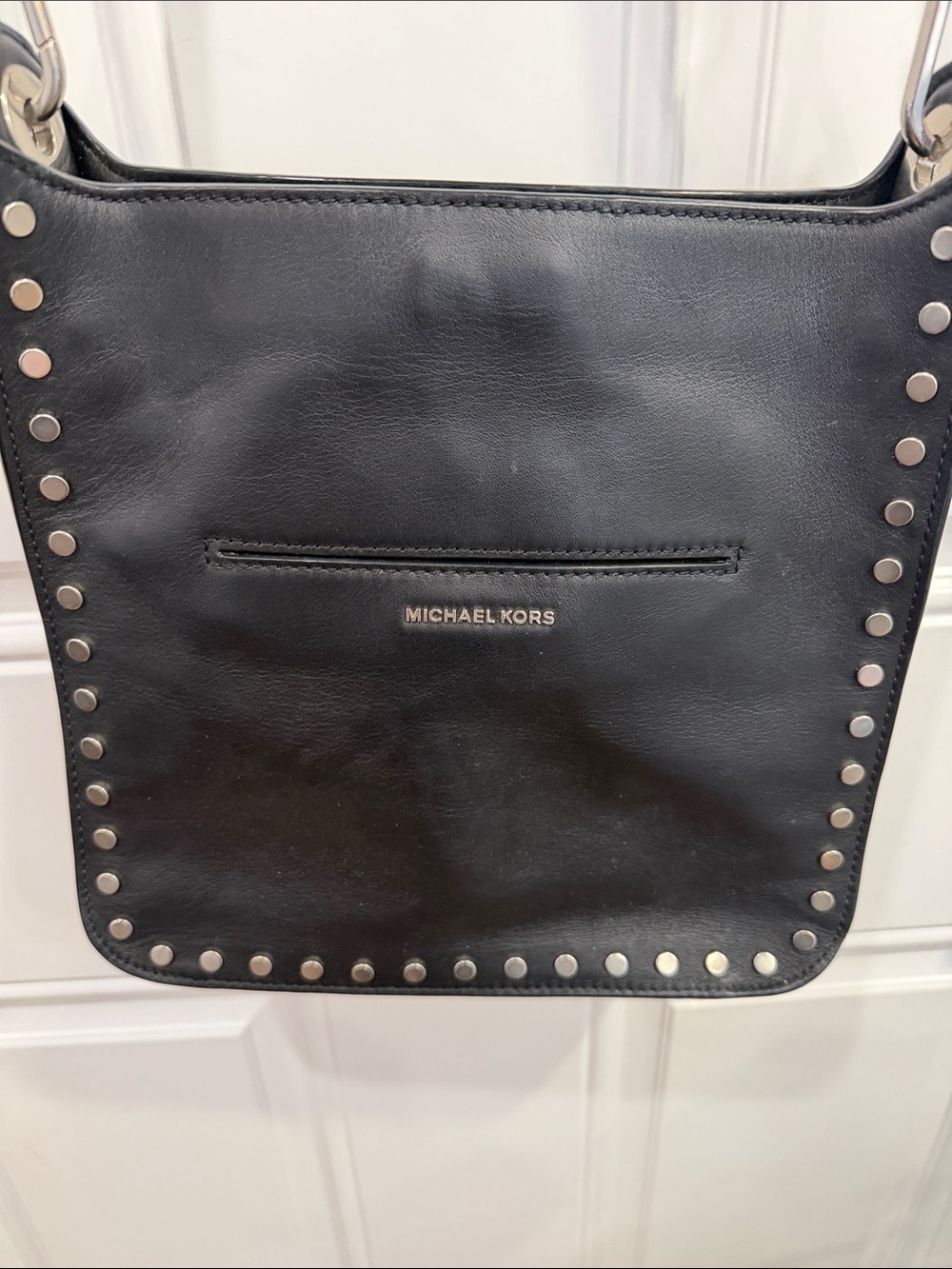 Michael Kors Black Leather Studded Shoulder Bag with Silver-Tone Accents